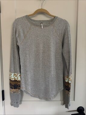 Free People Gray All In Cuff Thermal Top with Fairisle Sweater Cable Cuffs